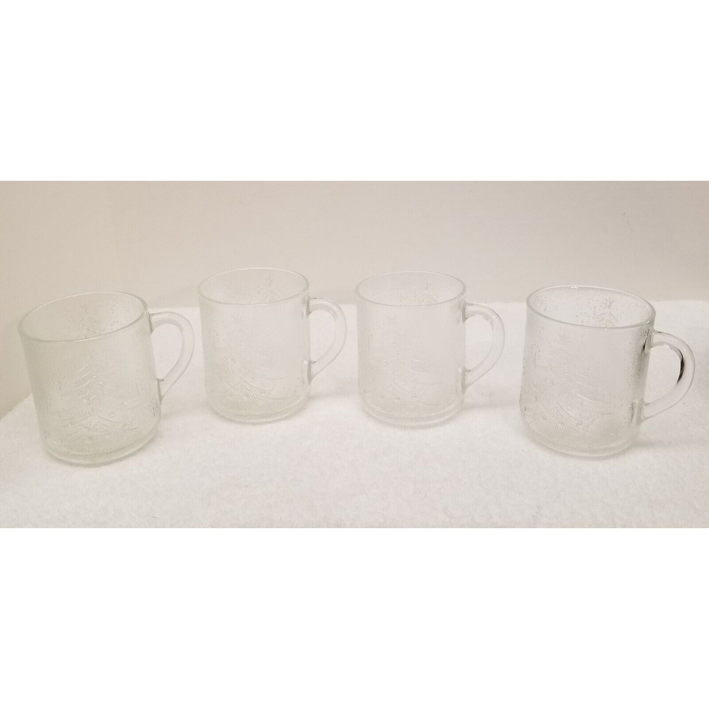 DURALEX made in France 11.5 ounces 4 clear cups with etched Christmas trees vint
